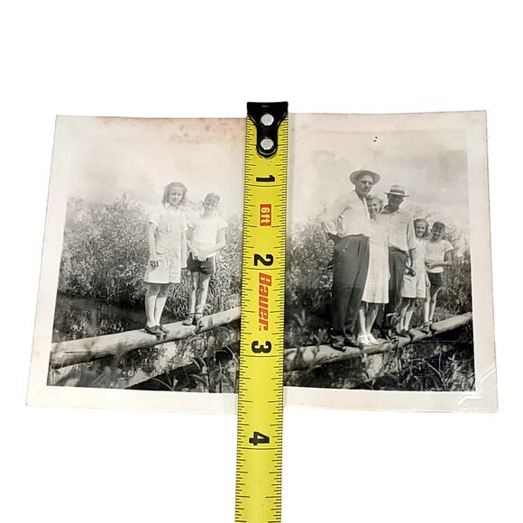Vintage 1940s B&W Photo Family Sit on Fallen Tree Over A Road Children Lady Man - Picture 3 of 4